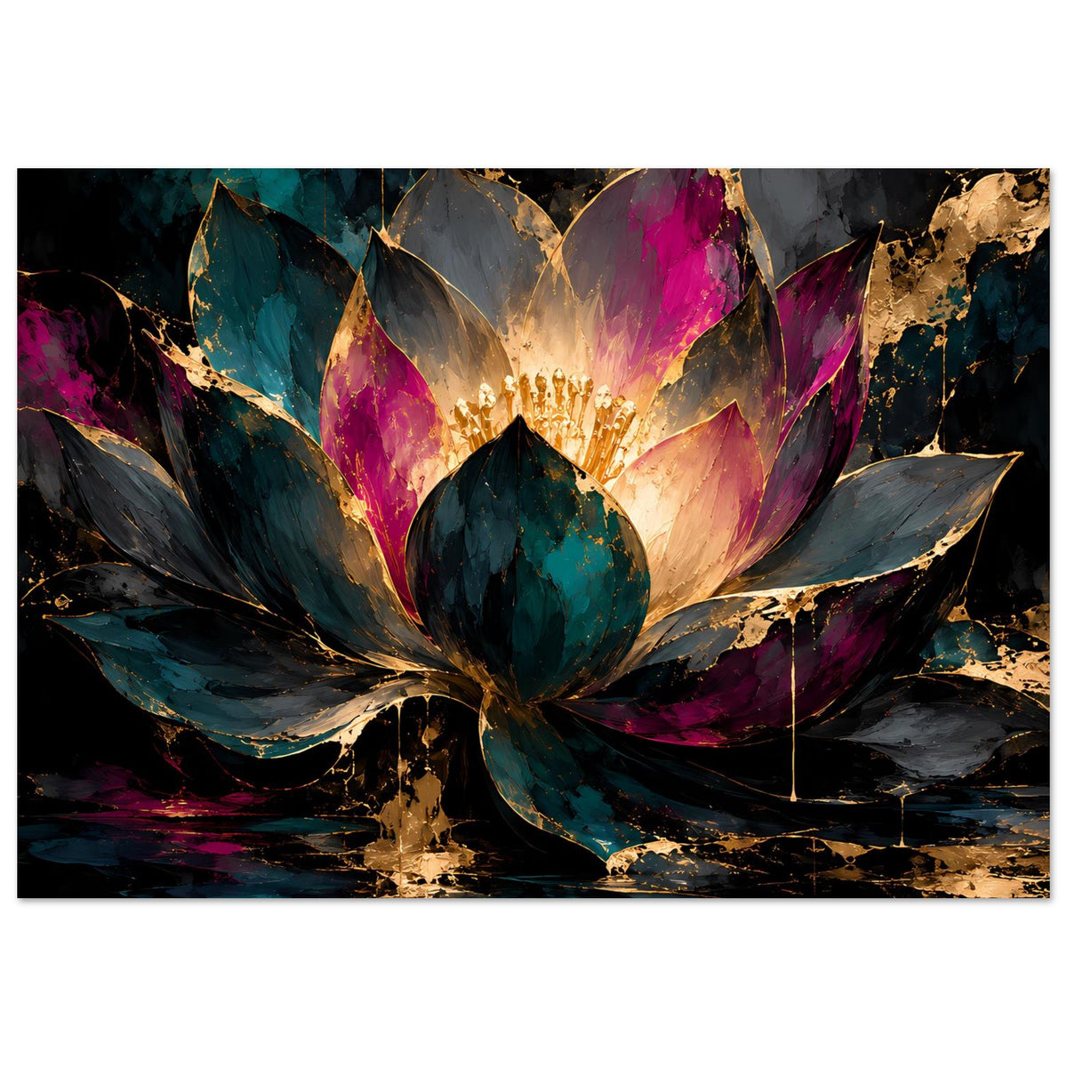 Horizontales Lotus-Kunstposter mit goldenen Lichtstrahlen aus der Blütenmitte