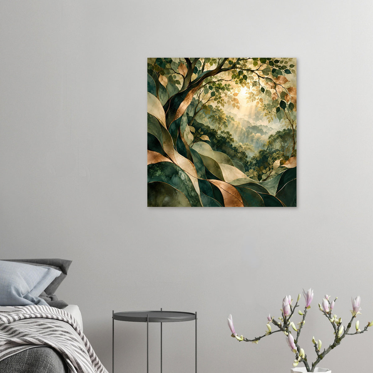 Quadratisches Natur-Poster mit Laubzweigen, grünem Wald und warmem Lichtschein
