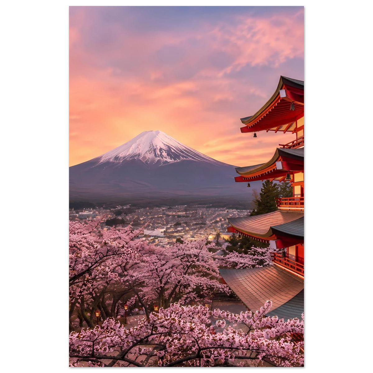 Vertikales Poster mit Fuji-Vulkan, Kirschblüten und roter Pagode, zentriert
