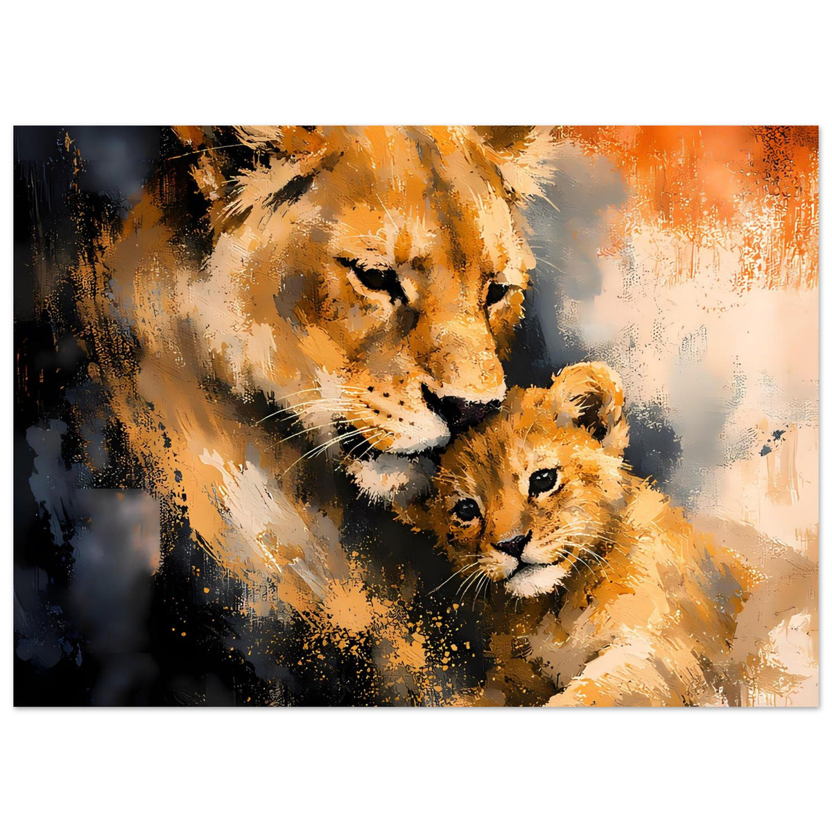 Löwin und Jungtier Poster, warmes Orange-Schattenspiel im dynamischen Pinselstil