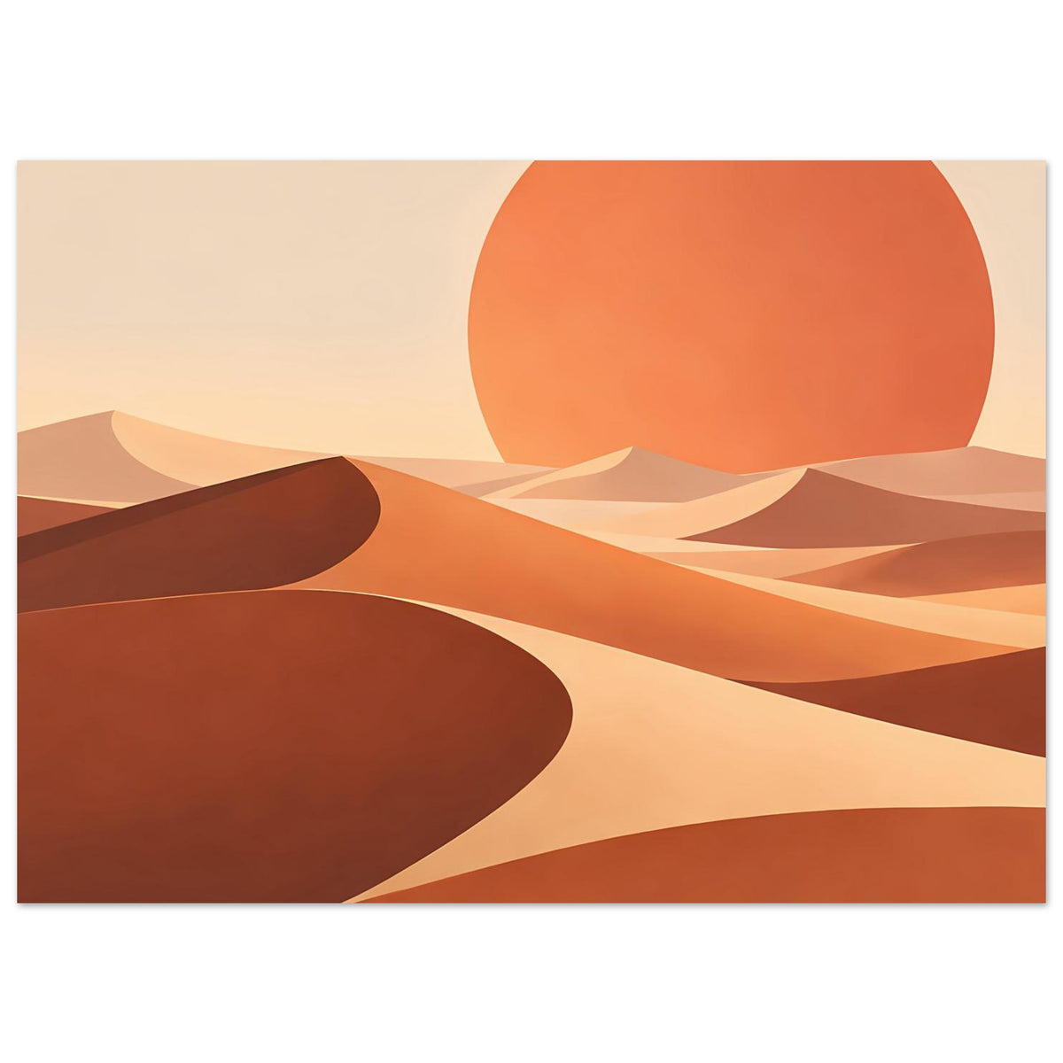 Wandposter (querformat) mit abstrakten Wüstenbergen: orange Kreis, Sandlinien in Ocker und Braun