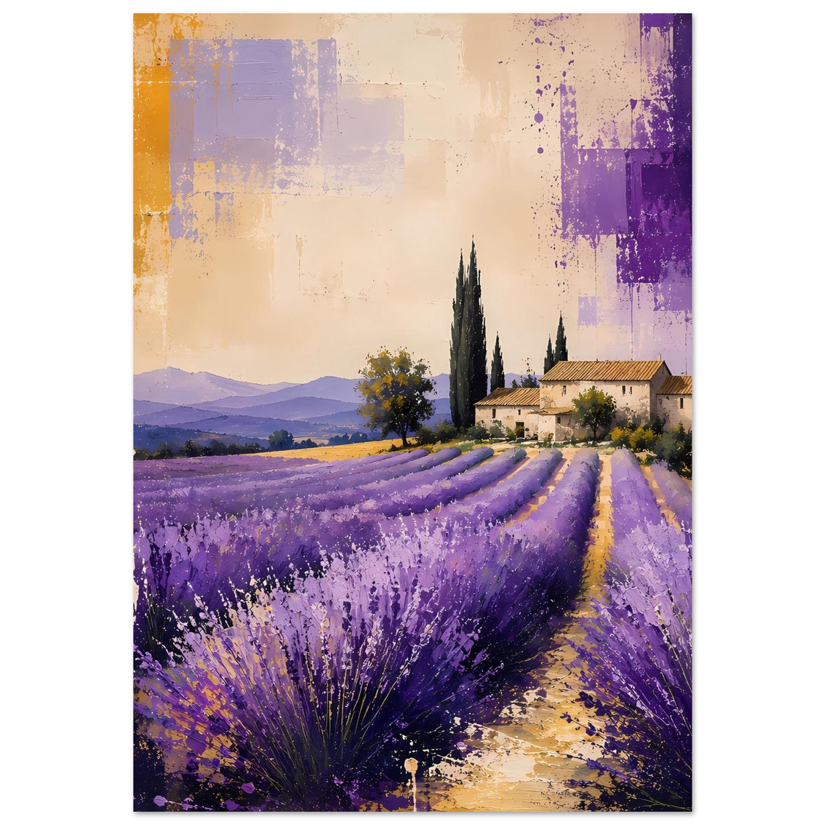 Lavendel-Landschaftsposter, hochkant: violette Lavendelfelder, Zypressen und Dorfhaus