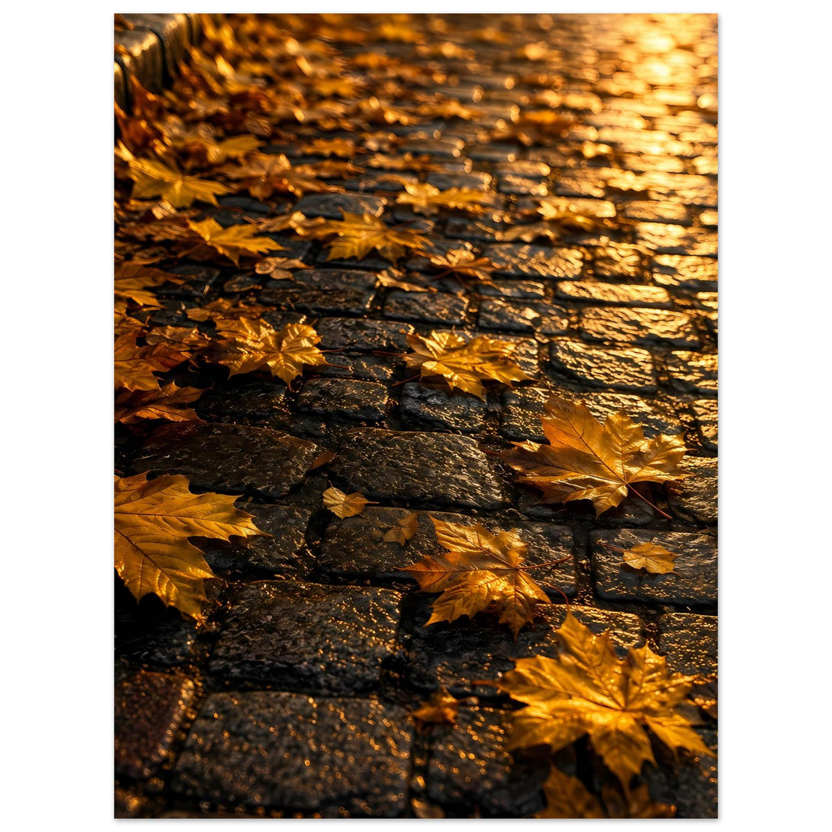 Herbstposter mit goldenen Blättern auf dunklem Mauerwerk, vertikal gerahmt