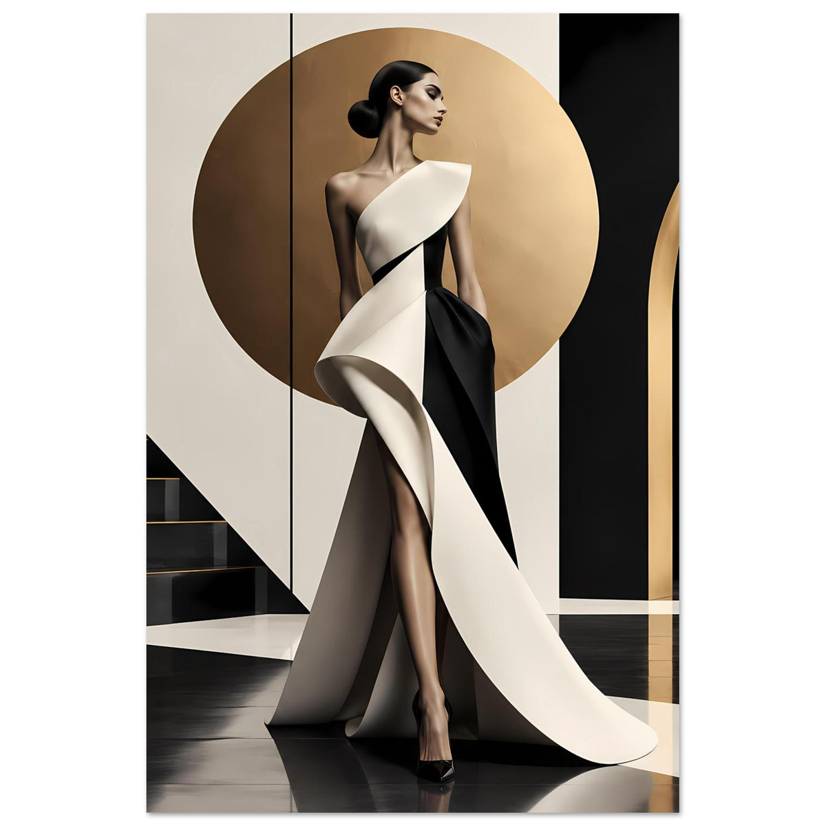 Vertikales Modeposter mit eleganter Figur in Schwarz, Weiß und Gold