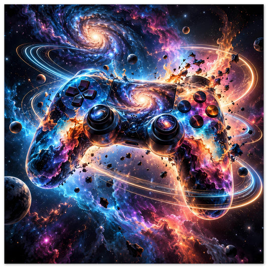 Gaming-Controller-Poster mit galaktischem Design, Controllerdetails in Blau-Orange mit Planeten