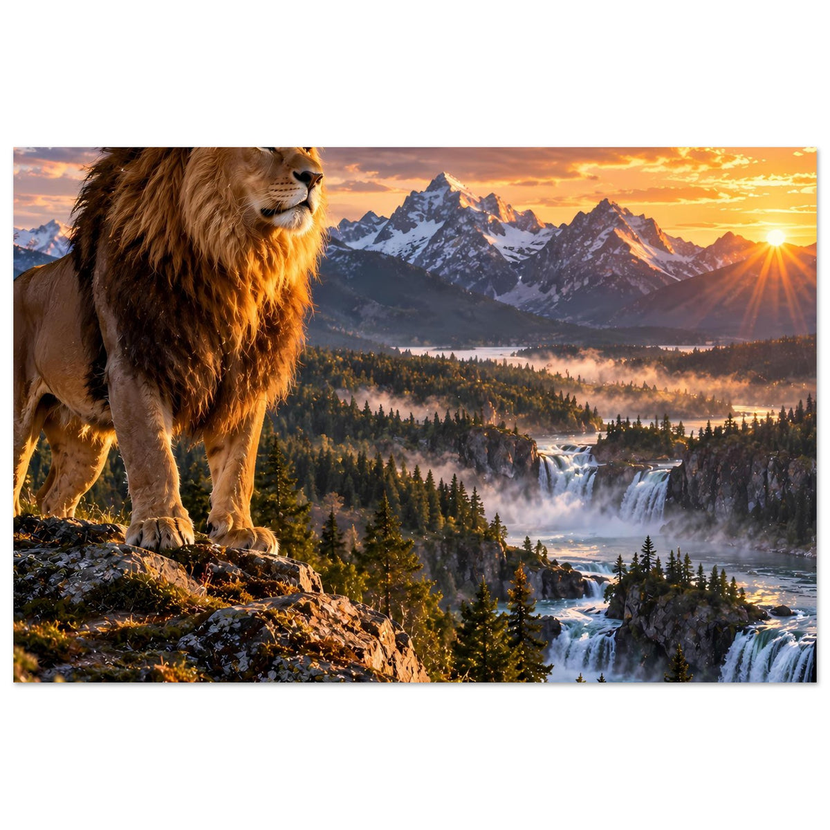 Hochformatiges Poster mit Löwenkopf links und Gebirge bei Sonnenuntergang