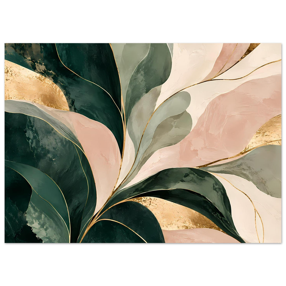 Abstraktes Kunstposter mit Smaragdgrün, Rosé und Gold, querformatig