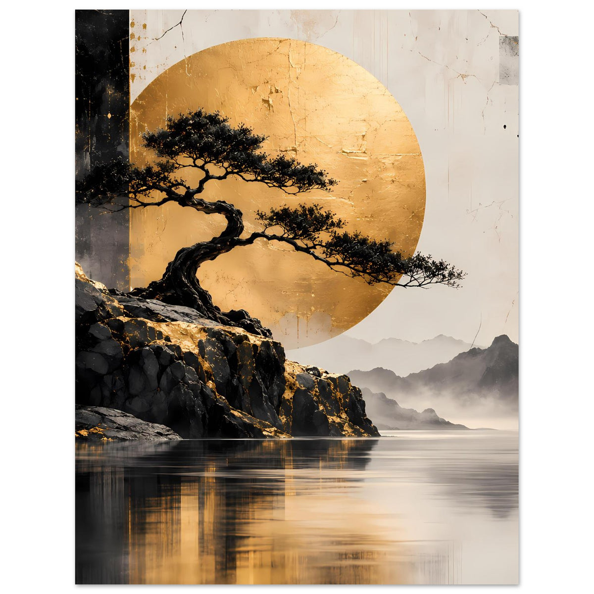 Poster mit goldenem Halbmond, schwarzem Baum über Felsen und nebligen Bergen