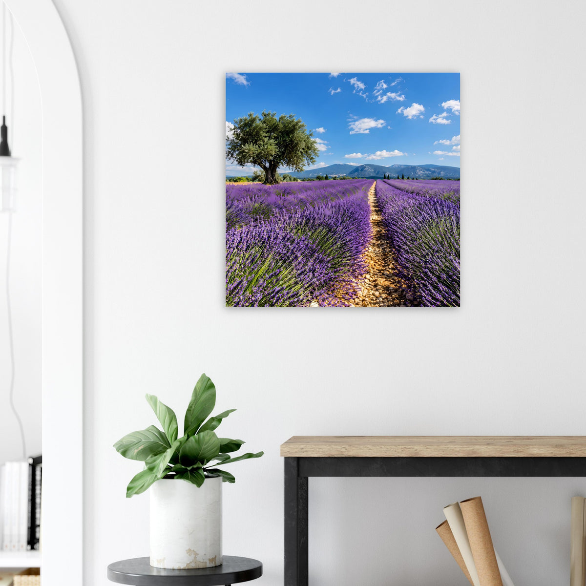Quadratisches Lavendelfeld-Poster mit Feldreihen in Violett und gelbem Lichtkorridor