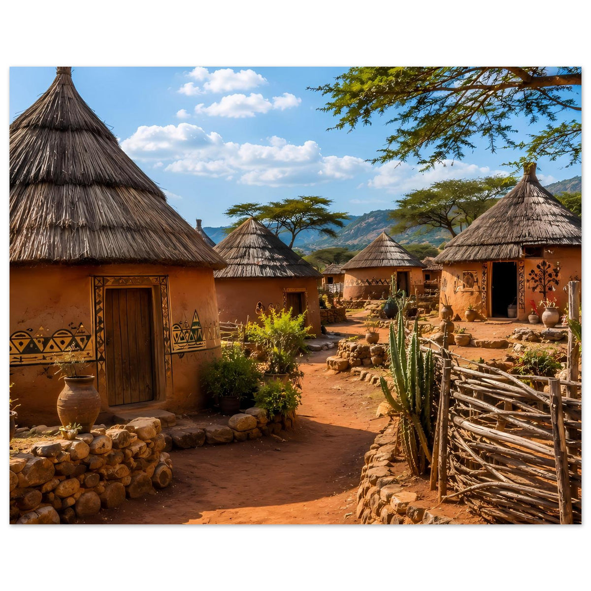 Horizontales Poster: afrikanische Gasse zwischen Lehmhäusern mit Strohdächern