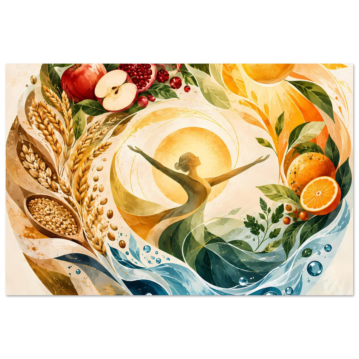 Horizontales Poster: Sonne, Orangen-Elemente, Beeren, Weizenähren, Blätter und fließende Welle