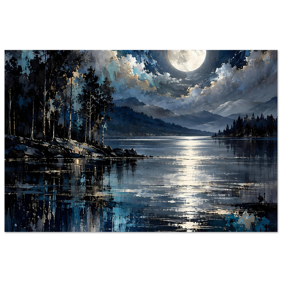 Horizontales Poster: Mond am Nachthimmel über See mit kräftigen Spiegelstreifen