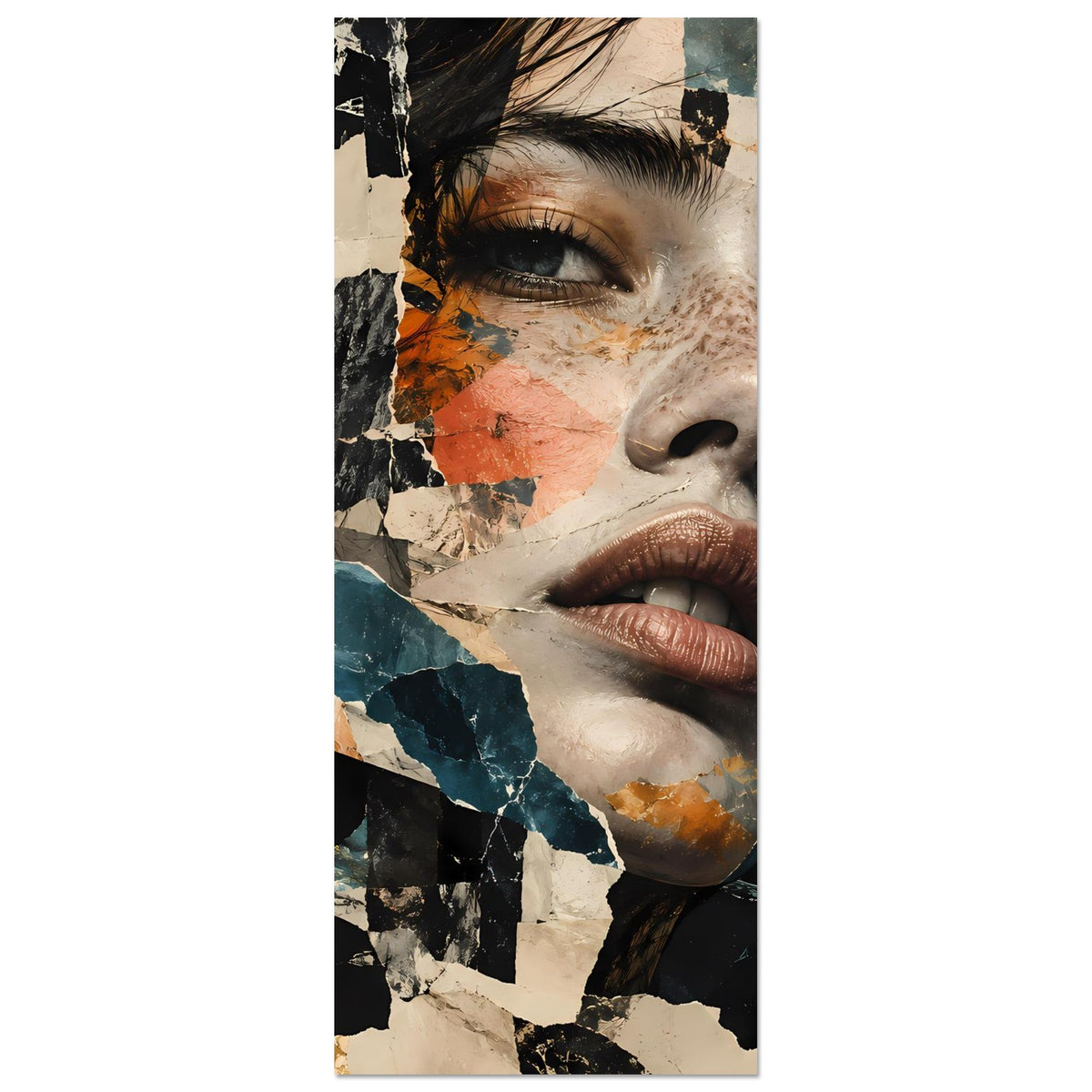 Abstraktes Collage-Porträt-Poster im Hochformat: Halbporträt mit Augenpartie und Farbbrüchen