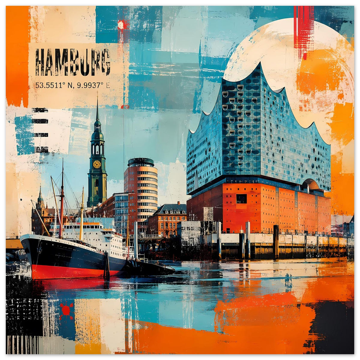 Poster mit Hamburg-Hafen und Elbphilharmonie, kontrastreiche türkis-orange Farbgestaltung