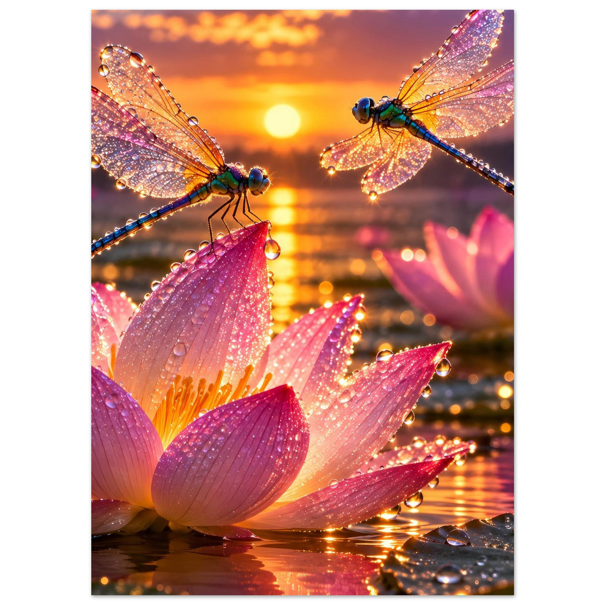 Poster mit schimmernden Libellen auf rosa Lotusblüten, Fächerblüten im Vordergrund