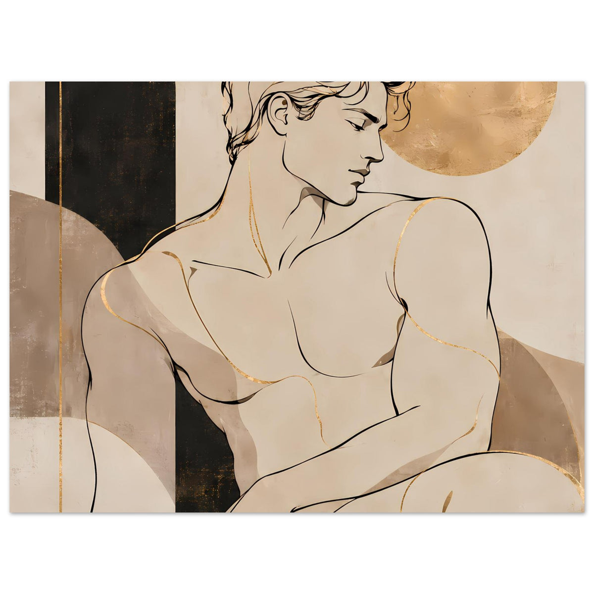 Querformat-Kunstposter mit Aktfigur im Profil, warme Erdtöne, goldener Halbkreis oben