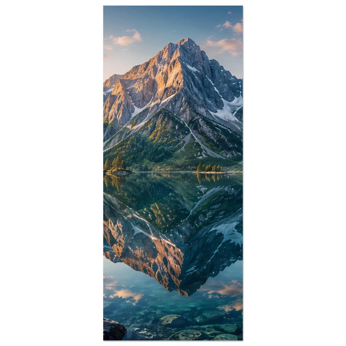 Vertikales Poster mit Berglandschaft, reflektierender Seeoberfläche und Tannen am Ufer