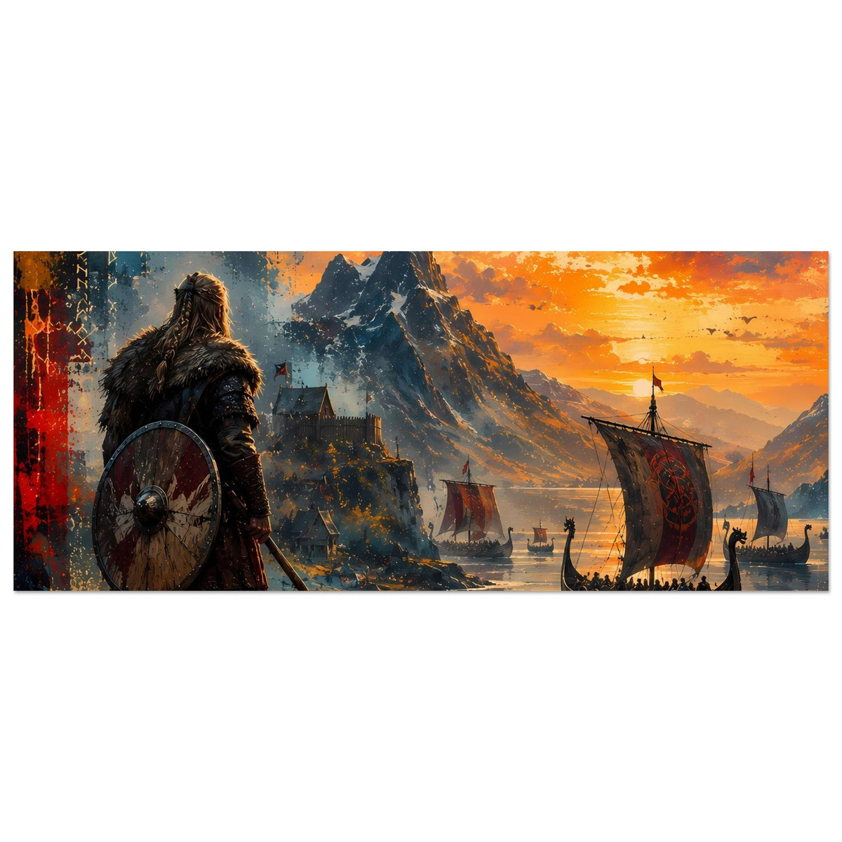 Viking-Saga Poster horizontal: Langboote auf Wasser mit Wikingerkrieger links bei Sonnenuntergang
