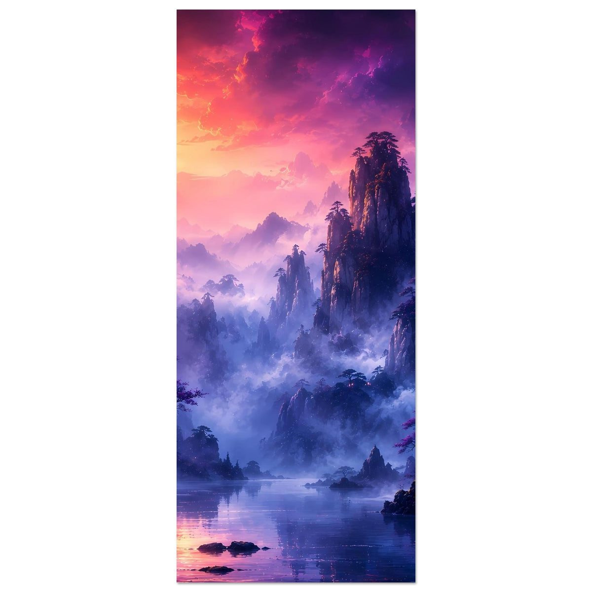 Schmales vertikales Fantasy-Poster mit Nebelbergen, Wasserfall und See im Abendlicht