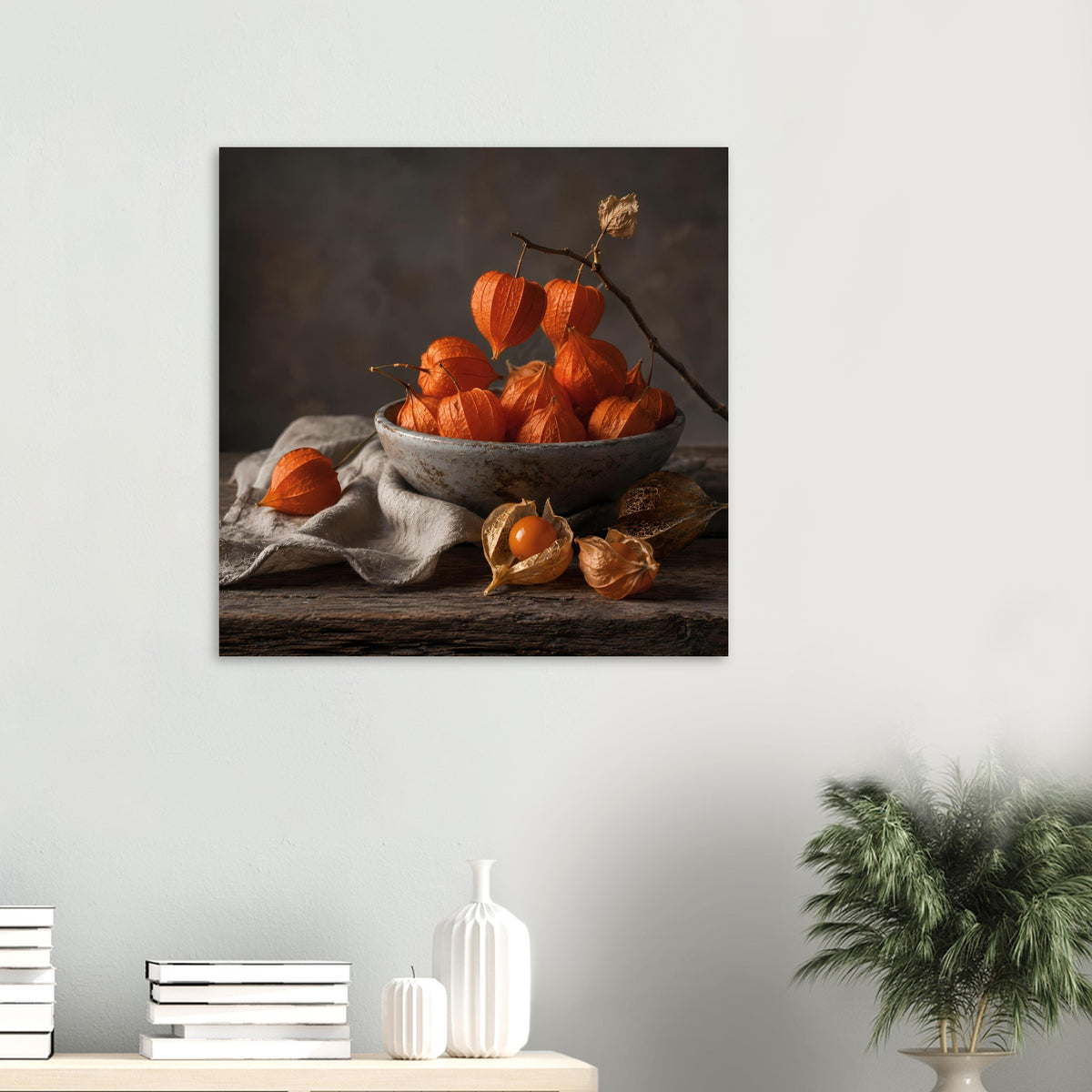 Herbstposter mit Schale voller orangefarbener Kürbisse, Eicheln und Früchten auf Stoff