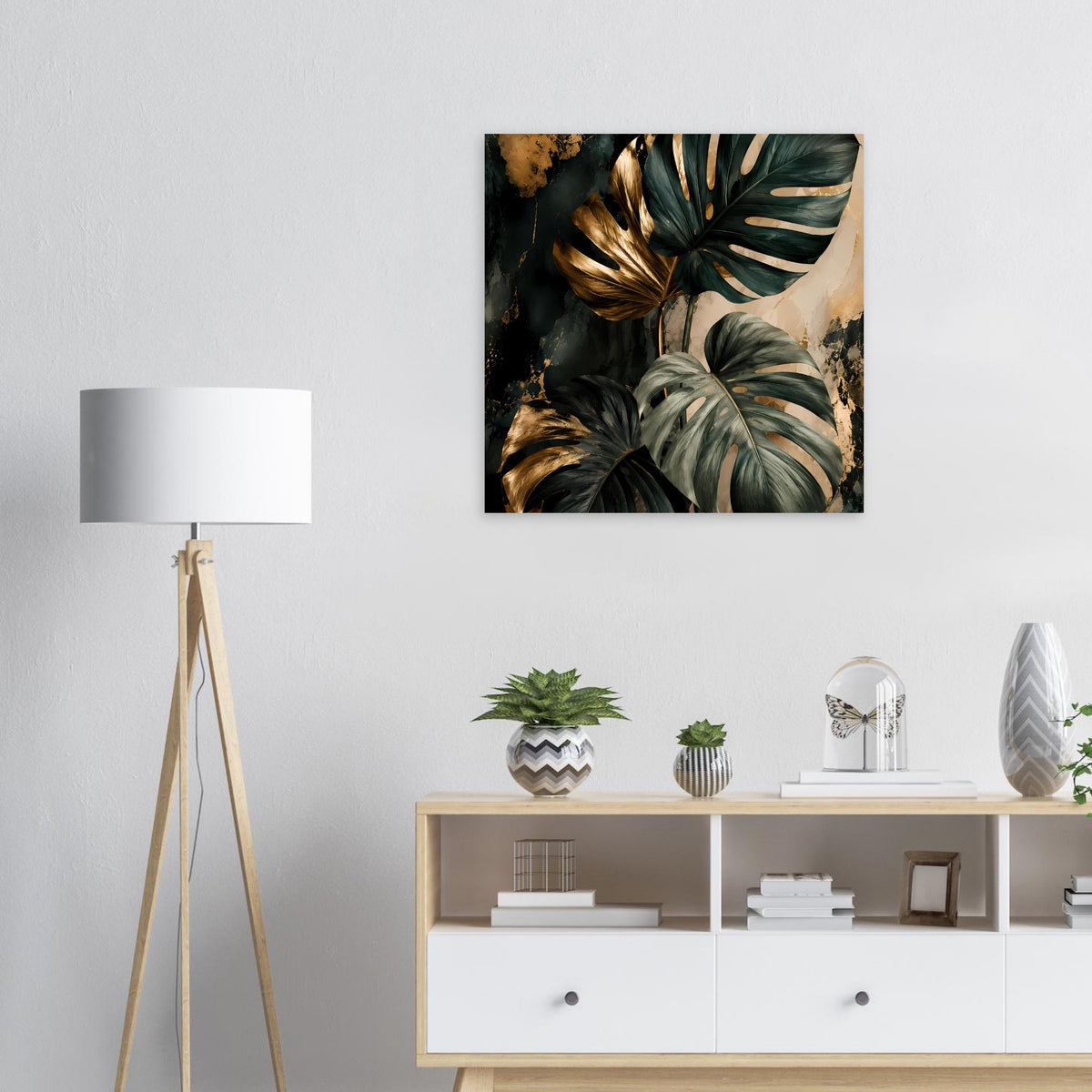 Wandposter: abstrakte Monstera-Blätter in Dunkelgrün mit goldenen Akzenten