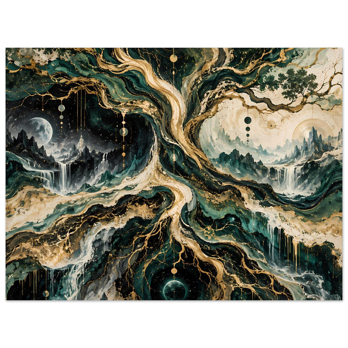 Wandposter im Querformat: kosmischer Baum über Bergen, Wasserfällen und Sternenkreisen