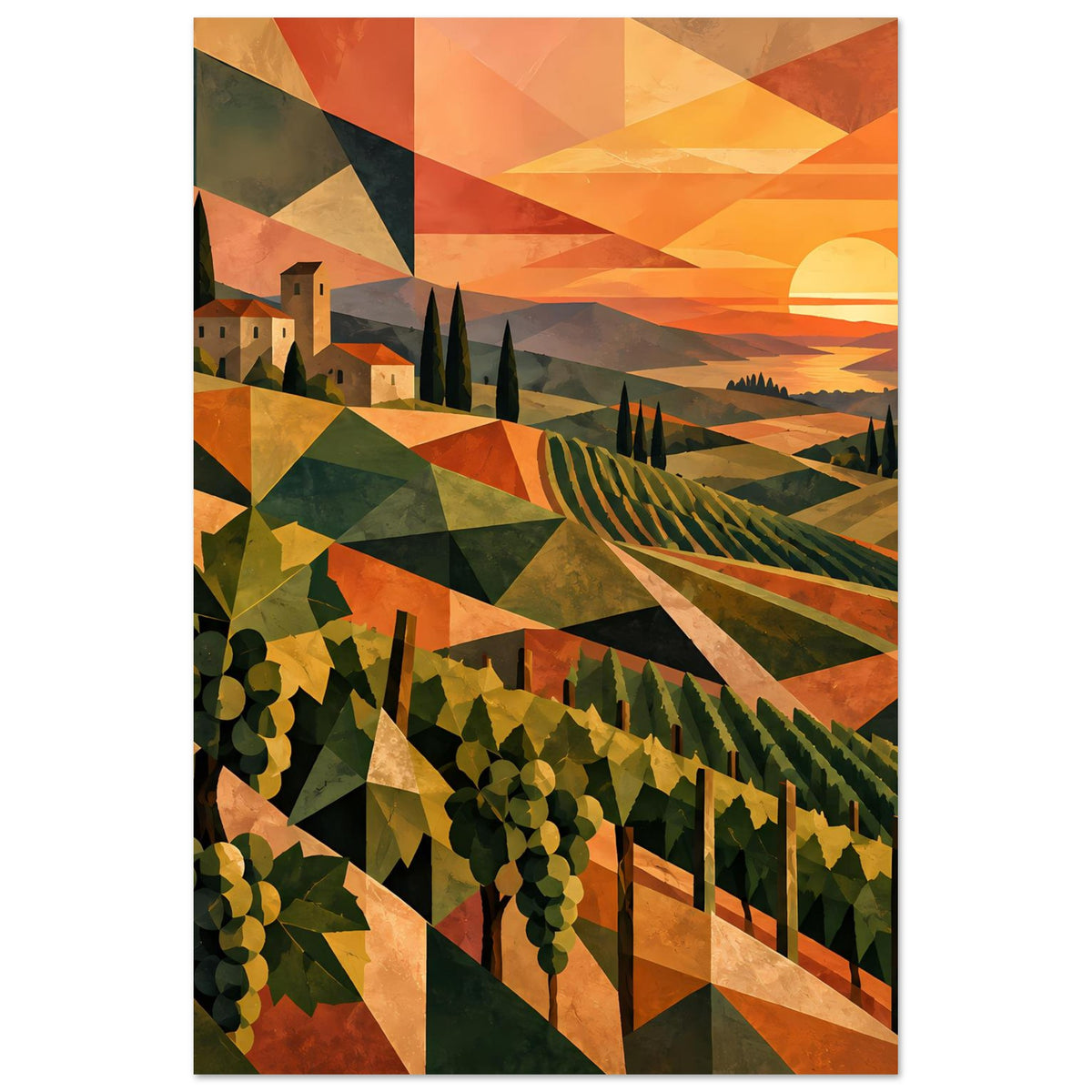 Wandposter mit geometrischer Weinlandschaft im Sonnenuntergang, Reben, Häuser und Zypressen
