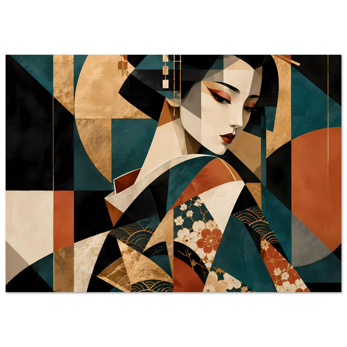 Horizontales Kunstposter mit Geisha im Kimono, Blumenmotive, Gold-, Türkis- und Rottöne