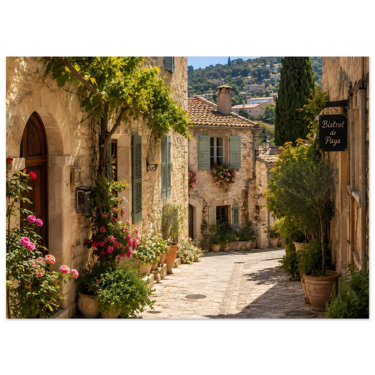 Querformat-Poster mit Provence-Gasse: Natursteinhäuser, Blumenbeete, Kopfsteinpflasterweg