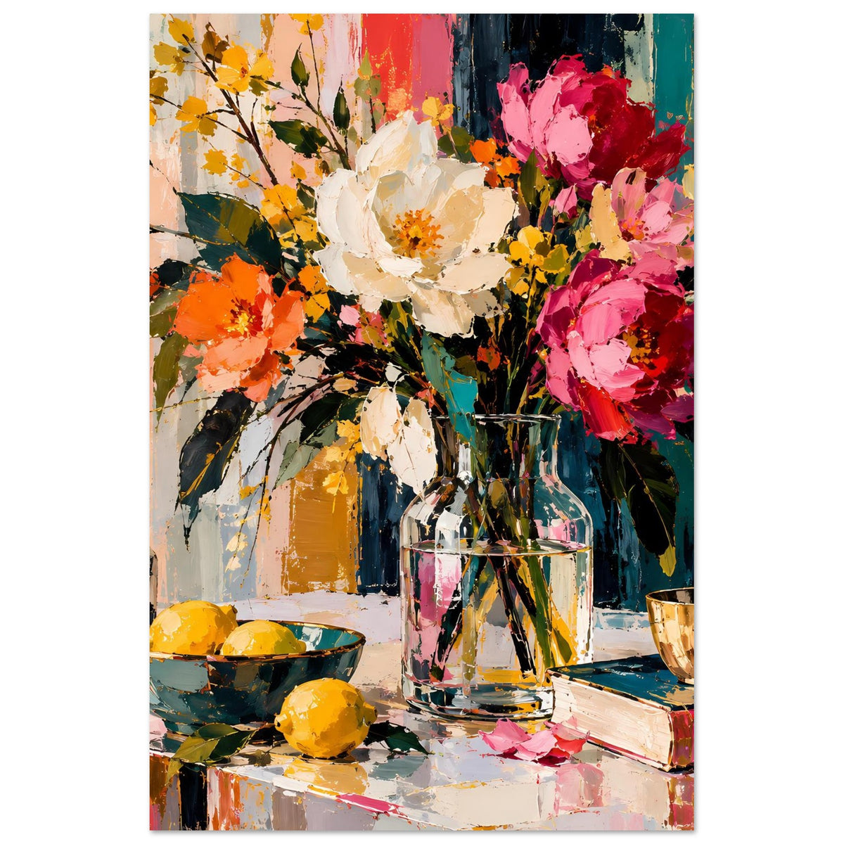 Blumenstilleben-Poster mit bunten Blüten, Vase im Zentrum, Glas und Schüssel im Vordergrund