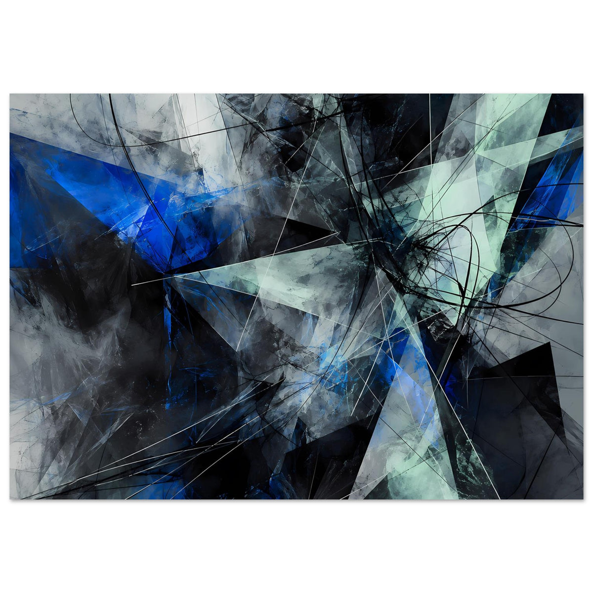 Abstraktes geometrisches Poster, horizontale Ausrichtung, Blau, Türkis, Grau und Schwarz