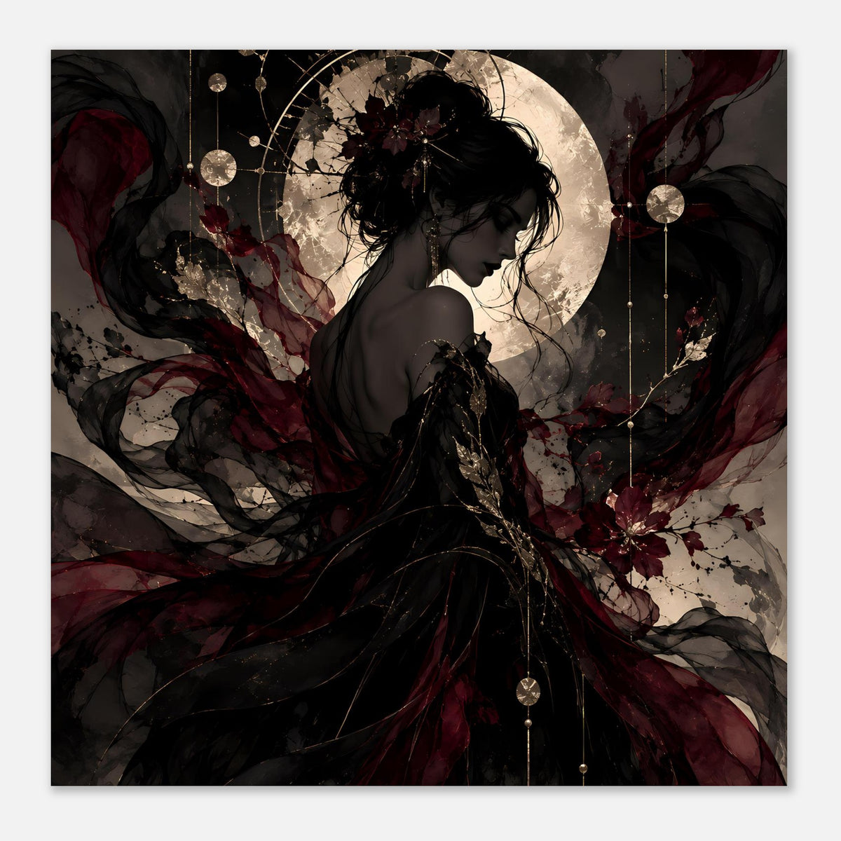Poster mit Frauensilhouette, Mond und herabhängende goldene Kreise, rote Blütenakzente