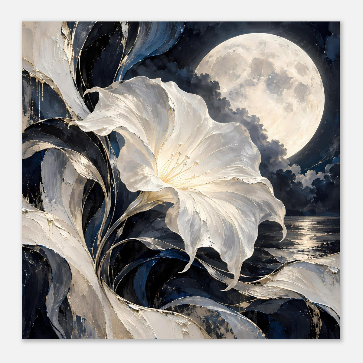 Blumenposter im Querformat: weiße Blüte, dunkle Blätter und großer Mond