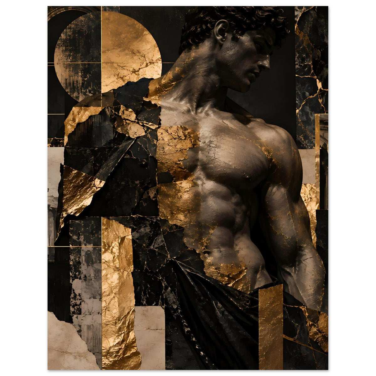 Kunstposter mit antiker Statue im Seitenblick, schimmernde Golddetails auf Dunkel