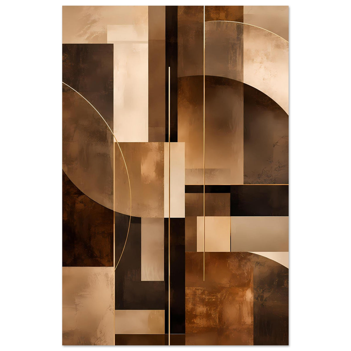 Abstraktes Poster im Hochformat mit warmem Braun und Beige, geometrische Flächen und Linien
