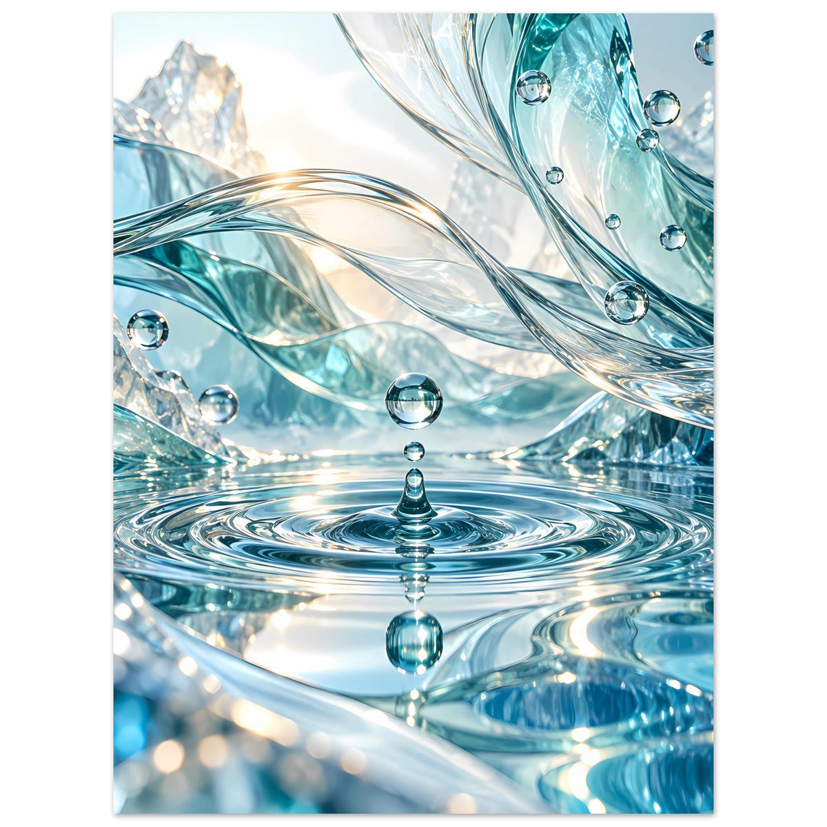 Wasserposter mit türkisblauen Wellenlinien und Tropfen, vertikales Layout im Fokus