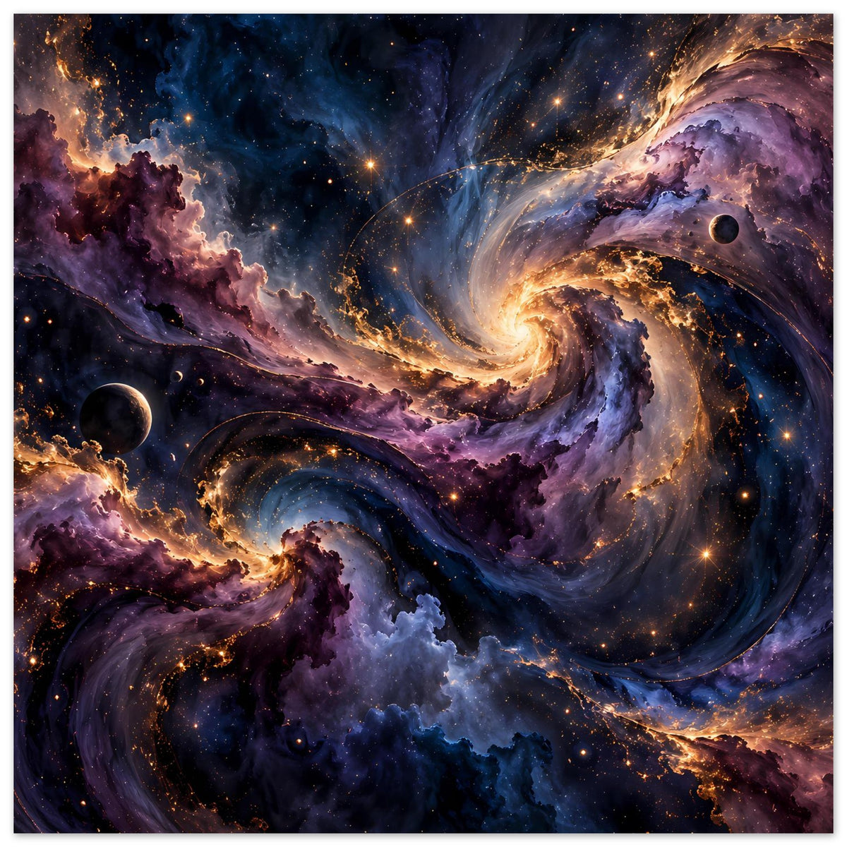 Weltraum-Poster mit Spiralnebel, leuchtenden Staubwolken, Planeten und Sternpunkten