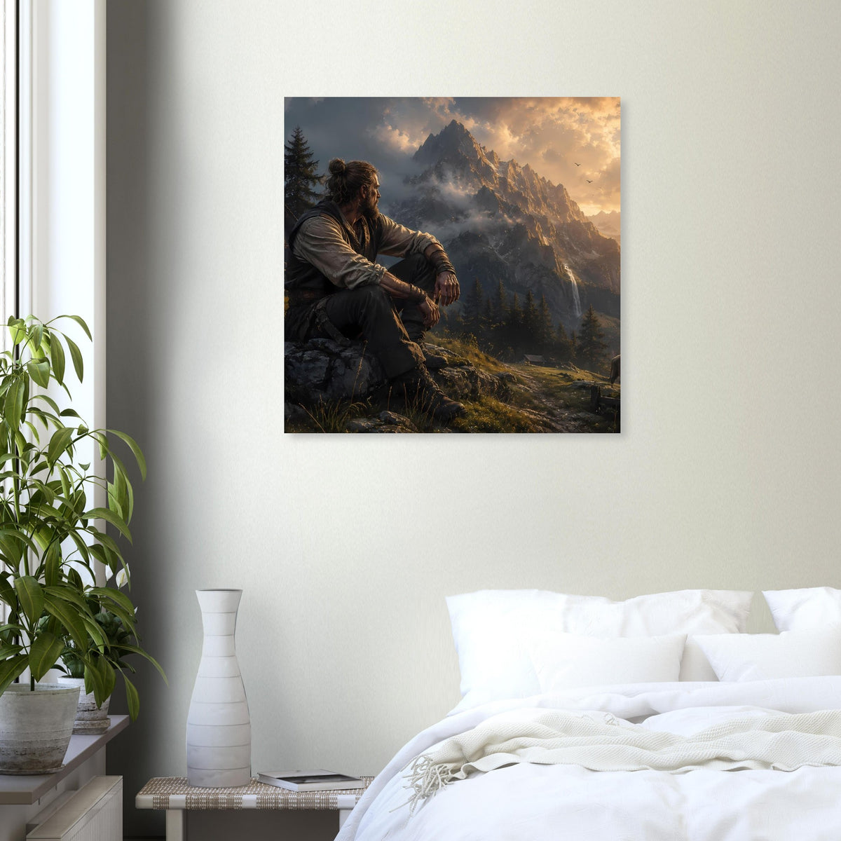 Gerahmtes Poster mit Landschaftsmotiv: sitzender Mann, Berge und Sonnenlicht