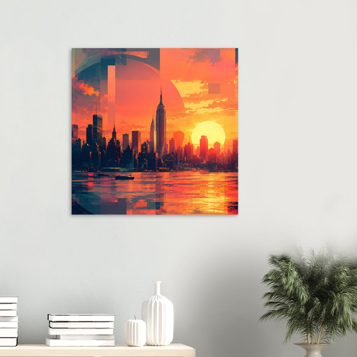 Quadratisches Wandposter mit Skyline bei Sonnenuntergang, orangefarbener Himmel und Wasserreflexionen.