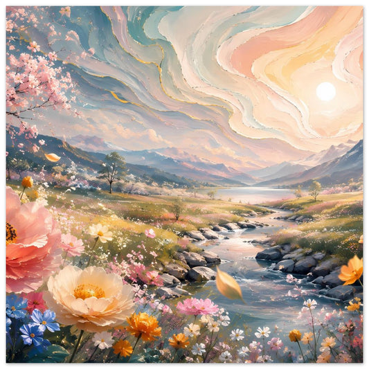 Poster: Bergfluss mit Blumen im Vordergrund, steiniger Bachlauf und Pastellhimmel