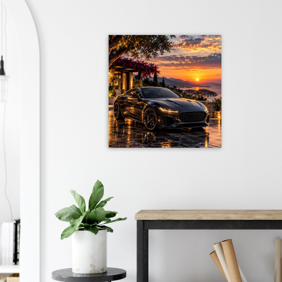 Poster mit Sonnenuntergang und schwarzem Sportwagen vor Straße, Spiegelung im Bild
