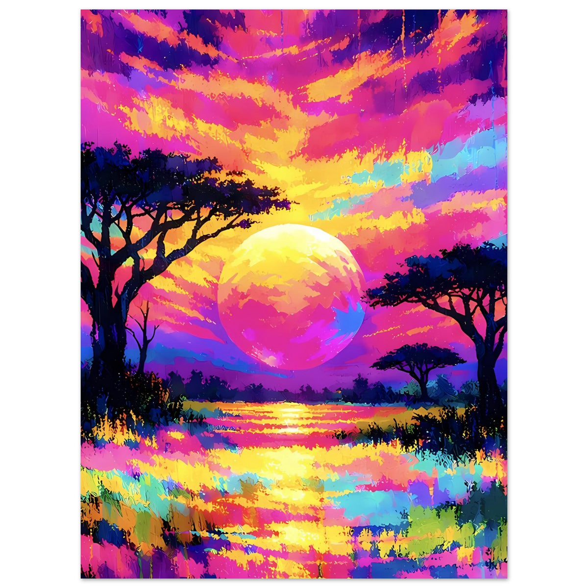 Neonfarbenes Landschafts-Poster mit Sonnenball, Wasserreflexion und dunklen Bäumen