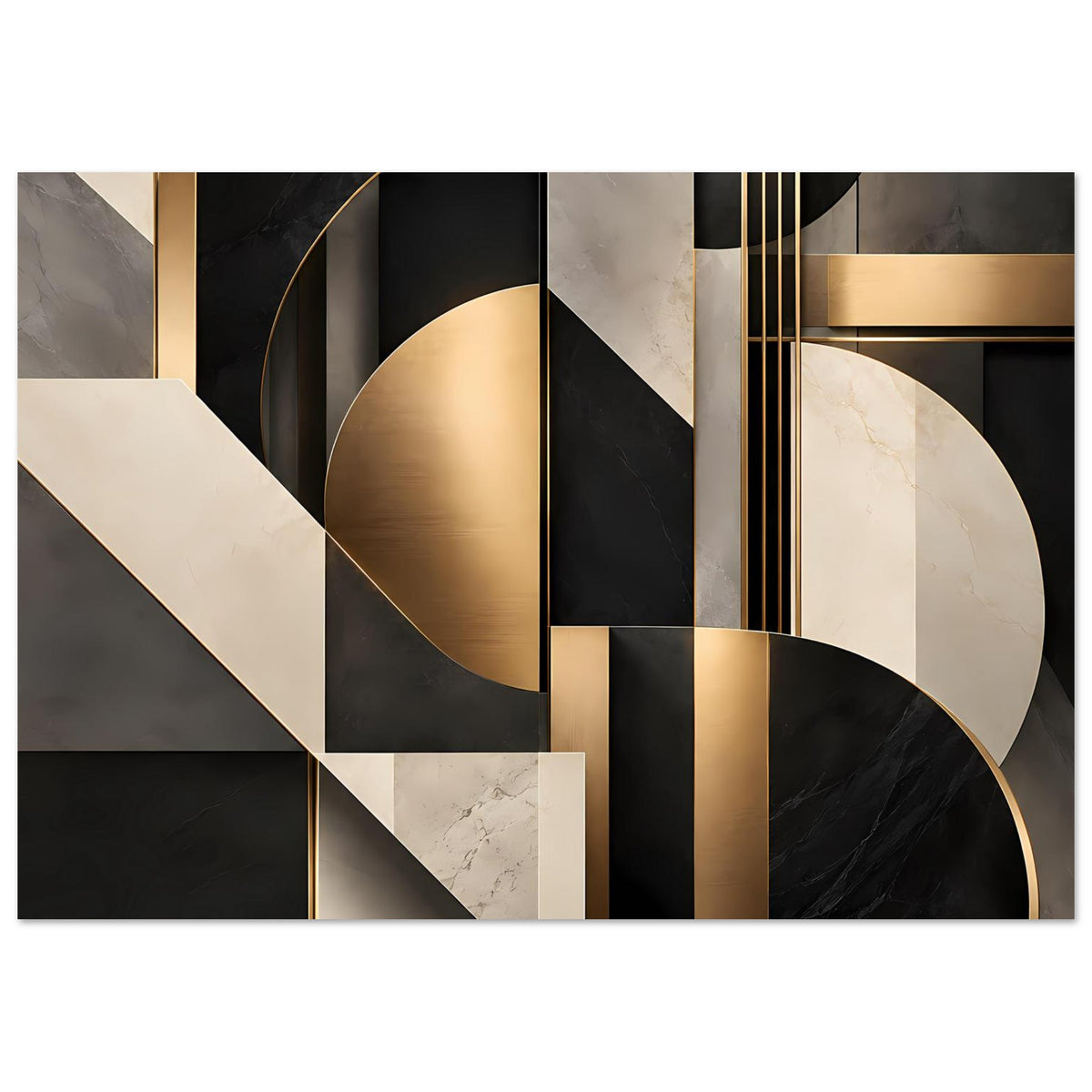 Geometrisches Kunstposter mit Gold- und Marmormotiven, schwarzen Linien und bogenförmigen Formen