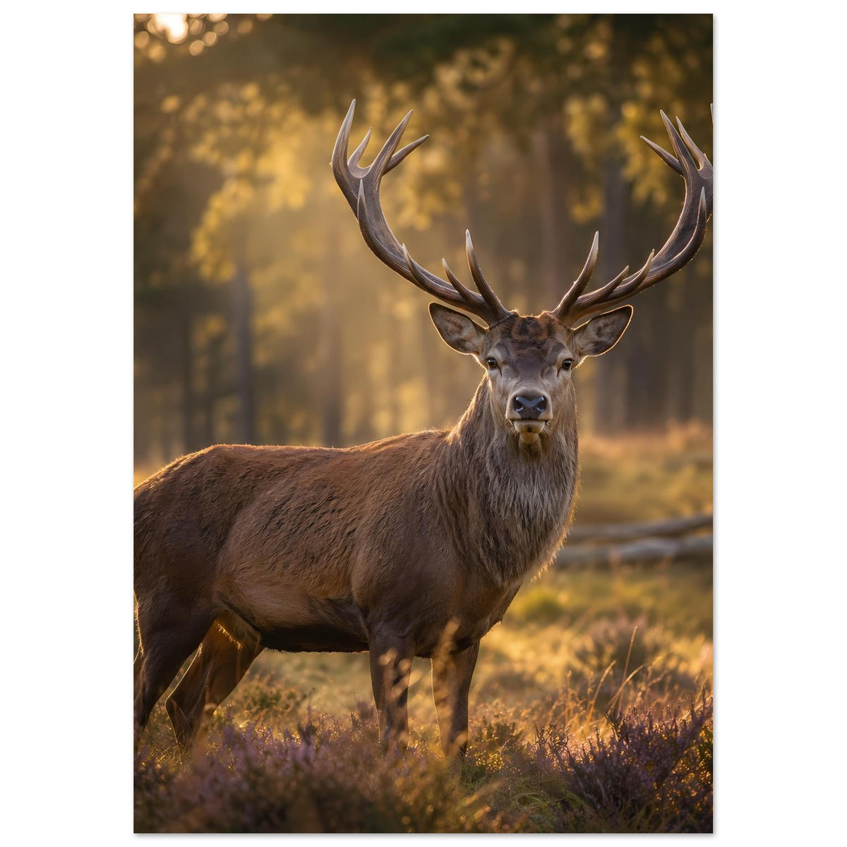 Hirschposter im Hochformat: brauner Hirsch mit Geweih, blick nach vorn