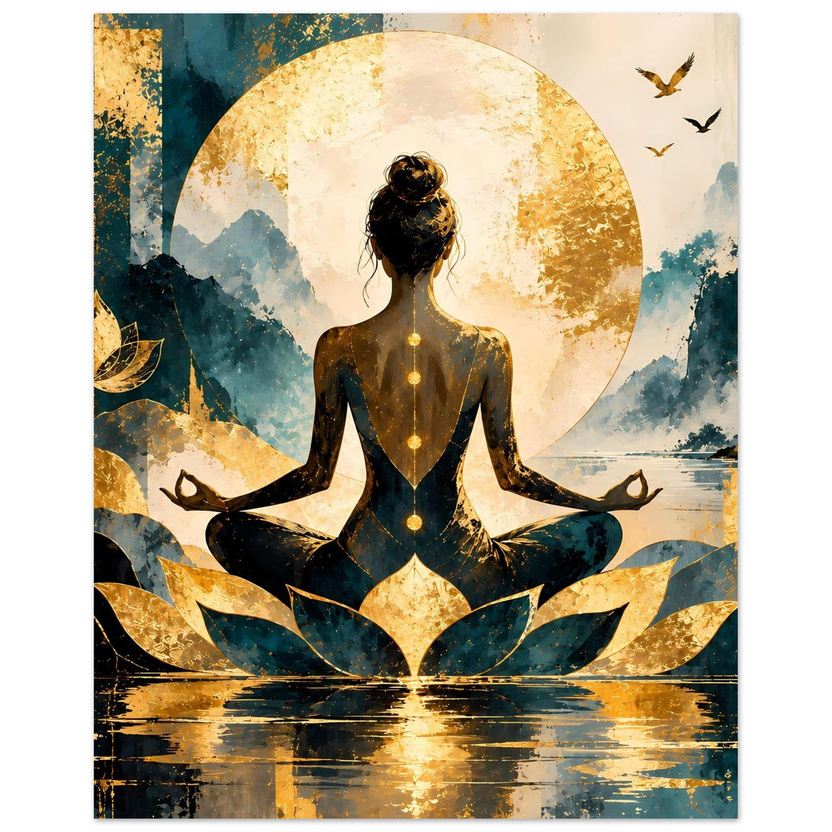 Meditationsposter mit sitzender Lotusfrau, goldenem Kreis, goldenen Lotusformen und Wasserreflexion
