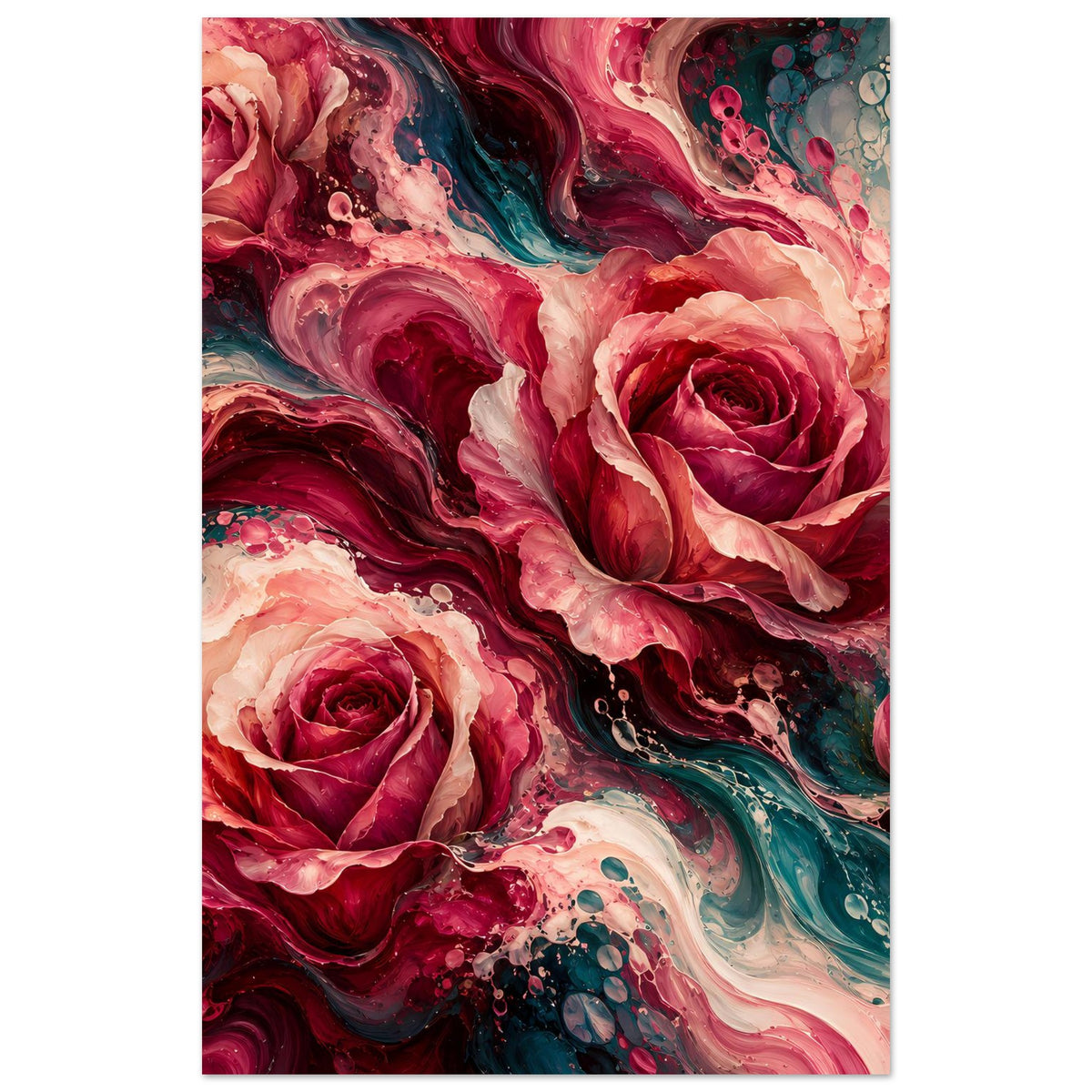 Blumenposter mit abstrakten Rosen in Rot und Türkis, vertikal im Vollbild.