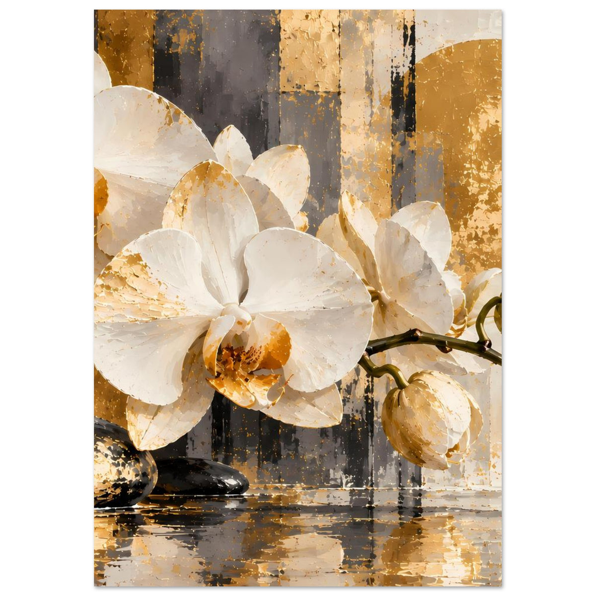 Hochformat-Orchideenposter: weiße Orchideenblüten, goldene Akzente und abstrakte Steine