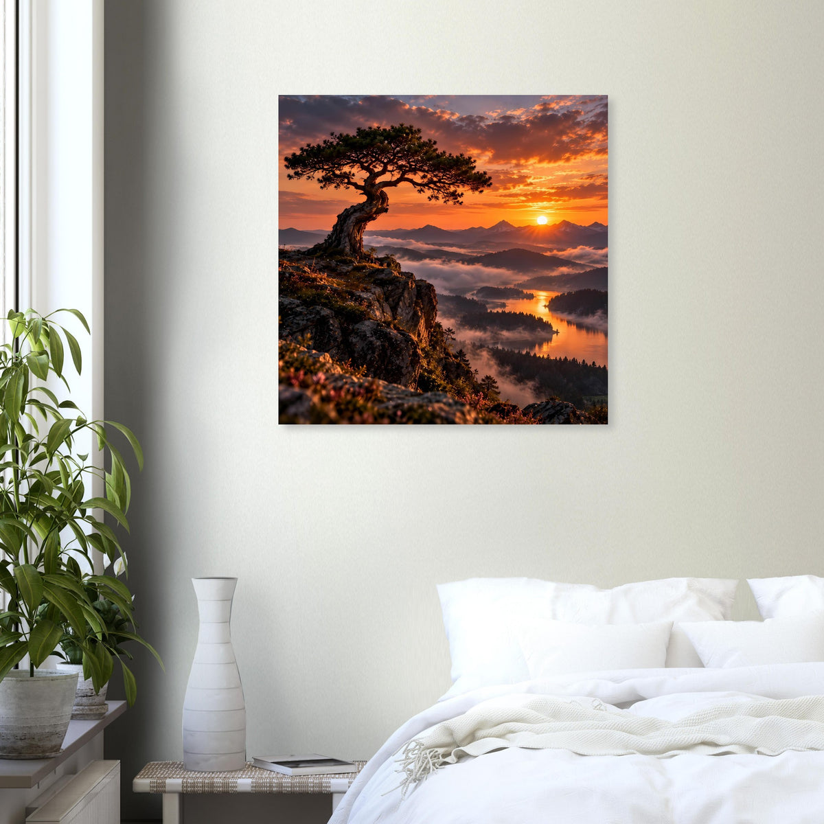 Quadratisches Landschaftsposter mit Baum und Flusstal bei goldenem Sonnenuntergang
