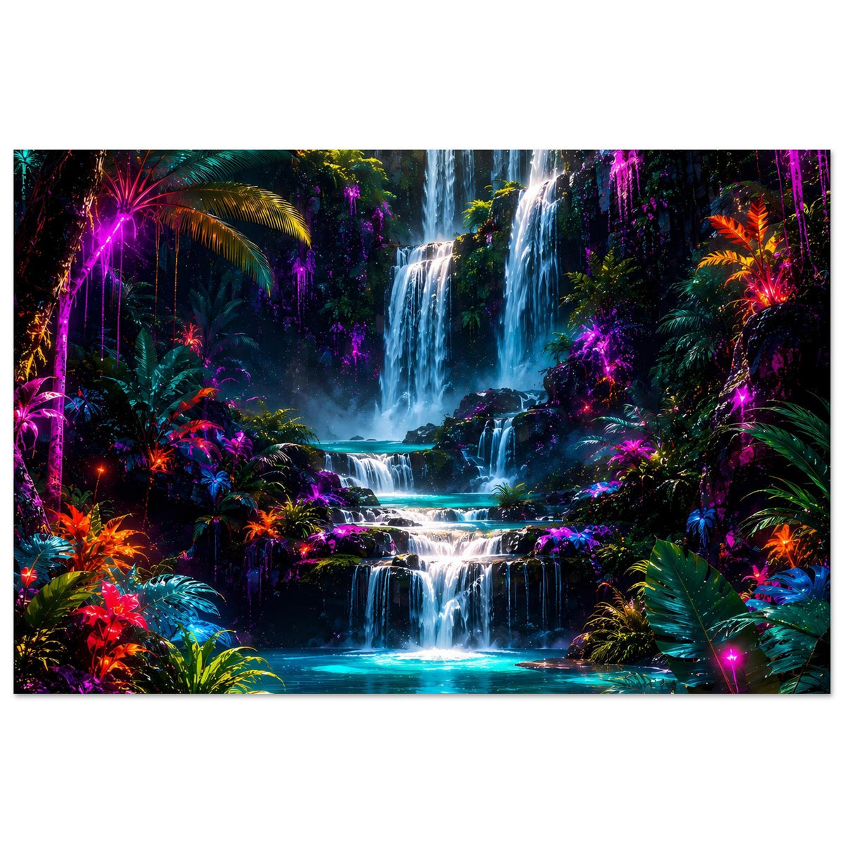 Poster mit Regenwald-Wasserfall in leuchtenden Neonfarben, Pflanzenrahmen und mehrere Wasserläufe