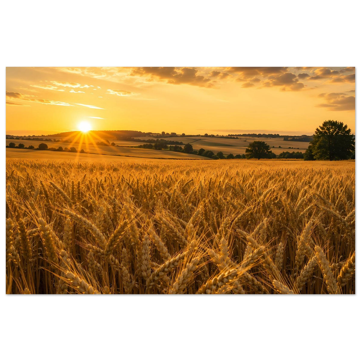 Landschafts-Poster mit goldenem Weizenfeld und Sonnenaufgang, Querformat, ohne sichtbaren Rahmen
